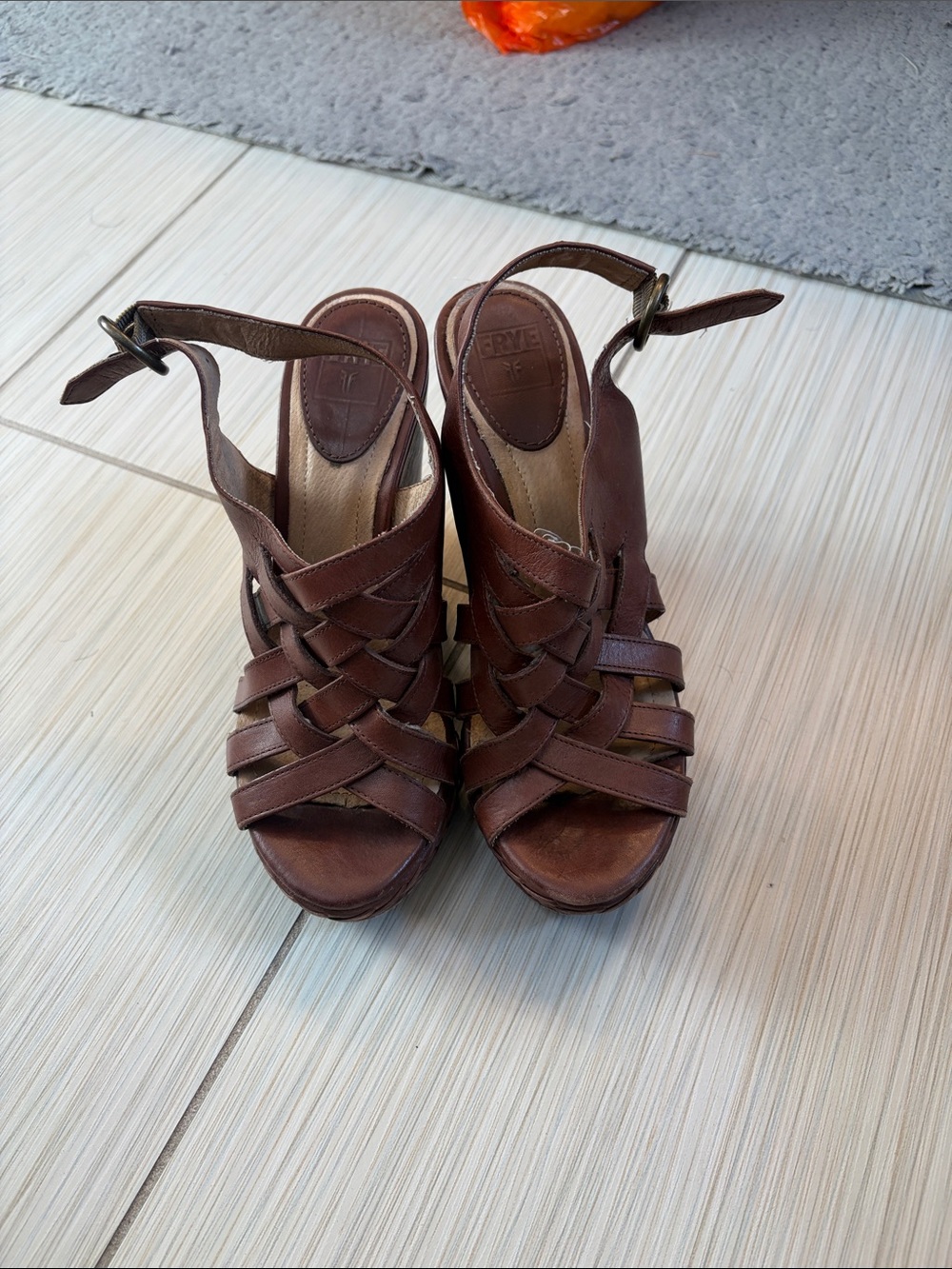 Frye Corrina Strappy Brown Woven Leather Wedge Sandals - Picture 2 of 7